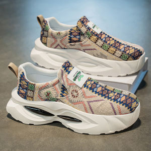 Mens Slip-On Canvas Shoes Summer Breathable Casual Low-Top Glue-Welding Rubber Sole round Toe Thick Bottom Fashionable Dad Sneakers