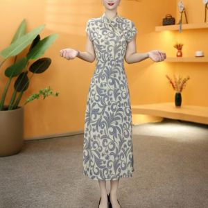 ชุดกี่เพ้าปรับปรุงสไตล์ใหม่ฤดูร้อน กระโปรงยาวทรงเอเอวสูง แขนสั้น ผ้าฝ้ายผสม ชุดทำงาน ชุดทำงาน ชุดทำงาน