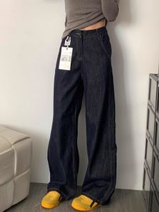 กางเกงยีนส์ทรงตรงสีน้ำเงินเข้มสไตล์อเมริกันสำหรับผู้หญิง กางเกงขายาวทรงหลวมเอวสูง ดีไซน์กระชับสัดส่วน ฤดูใบไม้ร่วง 2025