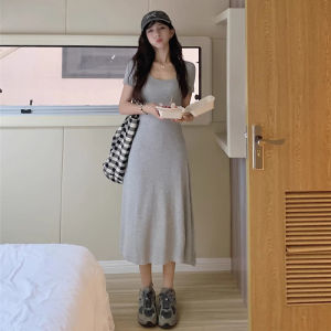 Gray Square Collar Short Sleeve Dress Women Summer Slim Fit A-Line Long Dress Waist-Cinching Cotton Soft Ins Style Casual Dress