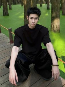 Áo Thun Nam Tay Ngắn Mùa Hè Màu Đen Có Đệm Vai Cổ Nhỏ Áo Chui Đầu Thường Ngày Thoáng Khí Thời Trang Áo Thun Nam