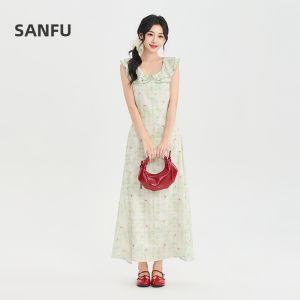SANFU | Summer New Double Layer Ruffled Neck Tie Waist A-Line Long Dress