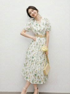 HOPESHOW | Puff Sleeve Waist Accentuating 100%Cotton Floral Dress