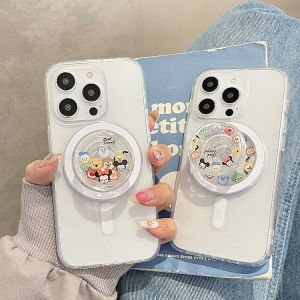 CrashStar MagSafe Cute Cartoon Animal Transparent Clear Hard Phone Case With MagSafe Stand Holder For iPhone 15 14 Pro Max 13 12 11 Pro Max Wireles Charging Phone Casing Shockproof Cover Shell