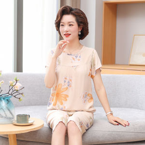 ชุดนอนผ้าไหมคอตตอนบางแขนสั้นฤดูร้อนสำหรับคุณแม่ ชุดนอนผ้าไหมคอตตอน ชุดอยู่บ้าน 2 ชิ้น ลำลอง ลายดอกไม้ สไตล์เรียบง่าย