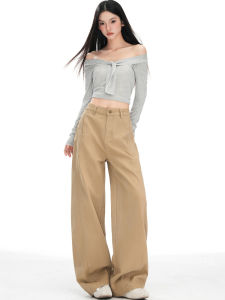 American Style Khaki Wide Leg Jeans Womens Narrow Straight Workwear Trousers Design Sensation Autumn Fashion Casual Jeans