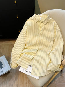 American Retro Yellow Stripes Polo Collar Shirt Coat Womens Autumn Winter Loose Casual Open Cardigan Lazy Pure Cotton Blouse