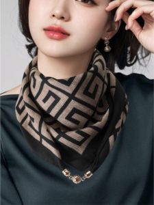 Womens Winter Scarf 2025 New Magnetic Buckle Cotton Linen Square Silk Triangle Neck Warmer Fashionable Floral Print Decorative