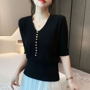 Stylish Button Solid Color and V-neck 2023 Summer New Half Sleeve Thin Knitwear Casual Versatile Slimming Women