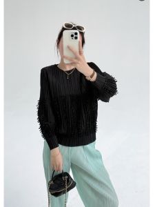 เสื้อยืดแขนยาวมีพู่แขนพัฟสำหรับผู้หญิงเสื้อเพพลุมทรงหลวมดูอ่อนเยาว์ #93475