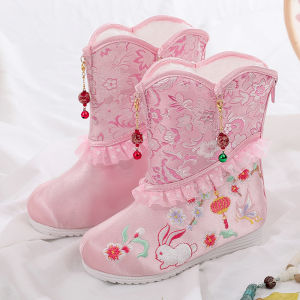 Girls Hanfu Snow Boots Embroidered Fleece Lined Beijing Style Childrens Shoes Traditional New Year Tang Costume Footwear