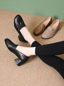 รองเท้าส้นหนาสำหรับผู้หญิง รองเท้าส้นกลางแฟชั่น รองเท้าหนังนิ่มหัวมน รองเท้าส้นสูงแบบสวมสบาย สไตล์ฤดูใบไม้ร่วง รองเท้าส้นหนาสำหรับคุณแม่