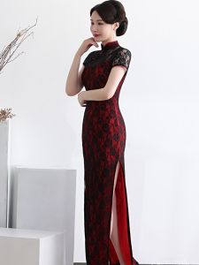 ชุดเต้นรำสี่แยกผ้าลูกไม้ยืดแขนสั้นสไตล์วินเทจสูงสำหรับการแสดง ชุดเดรสยาวปานกลางผ้าไนลอนผสมยางยืดสำหรับผู้หญิงวัย 35 ปีขึ้นไป