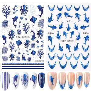 2pcs Blue Ocean Nail Art Stickers Decals Whale Octopus Coral Starfish Seashell Bubble Summer Nail Sliders Manicure Decorations