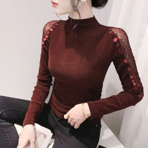 Áo sơ mi đế màu đỏ cổ cao nhung chất lượng cao Yimei Áo nữ dài tay sequin ren mùa thu 2024 Châu Âu