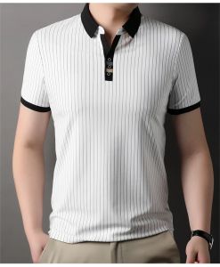 NCE Vertical striped ice silk short sleeved mens slim fit lapel summer thin youth polo shirt mens half sleeved trendy top
