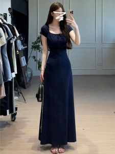 SENWA | Elegant Waist Slimming Blue Square Neck Long Dress