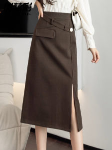 Trendy High Waist A-Line Midi Woolen Skirt with Slit for Women Commute Style Korean Fashion Button Detail Pure Color Skirt