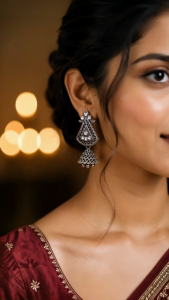 [SG] Vintage Temple Jhumka Earrings | Antique Silver Crystal Drop Earrings | Traditional Indian Statement Earrings | Ethnic Fashion Jewellery | ear me out (EMO-93)