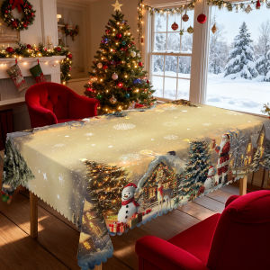 1 Piece of Christmas-Themed Gold-Printed Tablecloth Vintage Style Featuring Santa Claus Snowmen Farmhouse and Christmas Tree Designs Suitable for Christmas New Years Parties Party Decorations Kitchen Accessories Room and Outdoor Decorations...