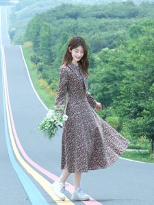 Retro Floral Long Sleeve Cotton Linen Slim Fit Midi Dress Bubble Sleeve Spring Autumn Womens Fashion Commute Style Dress
