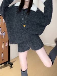 YUEZHONGWEI | Chic Winter Suit Set Gray Turn-down Collar Knitwear and Shorts Two Pieces