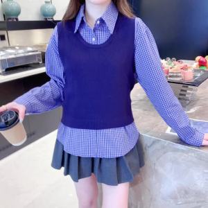 AMMIN 2024 Autumn new fashion plaid lapel long sleeve fake two shirts female Korean style fashion positioning knitted stitching elegant blouse