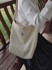 Original Artistic Cotton Striped Shoulder Bag for Women Small Fresh Yellow Knitted Canvas Bag Soft Tote Bag for Casual Use