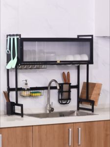 Kitchen Dish Rack Storage Cabinet above Kitchen Sink Drying Rack with Dustproof Door for Dish & Plate Storage Stainless Rack