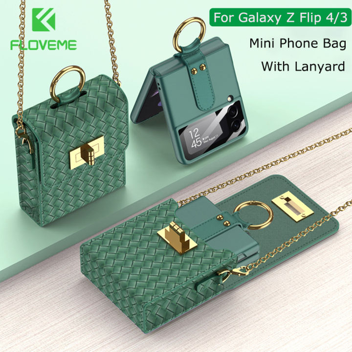 Only Mini Bag No Phone Case FLOVEME Luxury Braid Pattern Phone Bag For Samsung Galaxy Z Flip 5 Flip 4 Flip 3 5G Small Fragrant With Lanyard Mini Phone Case For Galaxy Z Flip 5 Flip 4 Flip 3