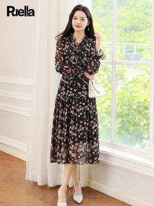 Puella Floral Print Long Sleeve round Neck Dress Womens Winter Black Chiffon Skirt High Waist A-Line Dress Elegant Lady Style