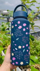 Bình Giữ Nhiệt Hoa Vintage Dung Tích Lớn 1000ML Inox 304 Có Quai Xách Tiện Lợi_Xanh than