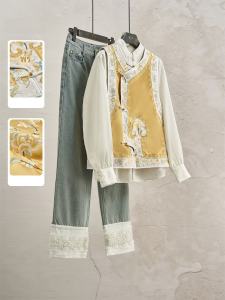 ชุดเสื้อกั๊กปักลายสไตล์จีนใหม่ ชุดสองชิ้น ชุดฤดูใบไม้ร่วง ชุดผู้หญิง ชุดฮันฟู ชุดแฟชั่น ชุดทำงาน ชุดทำงาน ชุดทำงาน