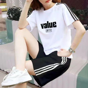 Casual Suit Womens Summer Short Sleeve + Shorts Plus Size Loose Chubby Girl Fashion Sports Running Clothes Two-piece Set Ins Fashion