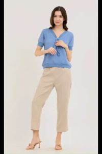Krizia Textured Fabric V-neck Decorative Tie Detail Blouse Top