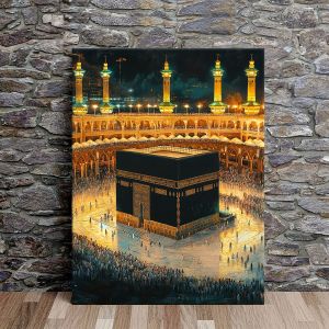 CIFbuy | CIFBUY Glowing Kaaba Canvas Wall Art Islamic Mecca Night Scene with Gold Minaret for Home Decor Ramadan & Hajj Muslim Gift