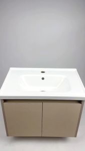 ตู้อ่างล้างหน้าเซรามิค อ่างล้างมือพร้อมเคาว์เตอร์ ตู้กระจกติดผนัง วัสดุอลูมิเนียม สีครีม มี2ขนาด Wash basin cabinet Basin รุ่น Bas-C43-45