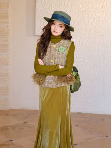 MIUCO | Áo Gilet Không T Tay Vintage Lông Đá Trang Trí Mặc Ngoài