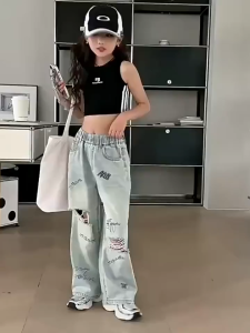 【Sweet Kids】Jeans For Kids Girls 6-15yrs  Loose Wide-leg Pants Denim Pants Maong Pants Ripped Jeans Breathable Soft Fabric New Style Fashionable Korean Casual Everyday Outfit