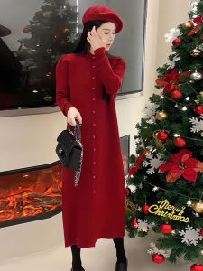 Red Knitted Long Dress Womens Autumn Winter New Style French Inner Wear Sweater Dress Zodiac New Year Sweet Japanese Style