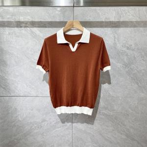 Summer Fashion Mens Polo Shirt Color Block V-neck Casual Thin Short Sleeve Turn-down Collar Breathable Comfortable Knitted T-shirt