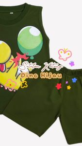 Setelan Kaos Kutung / Singlet Anak Bahan Katun untuk Anak Usia 1-6 Tahun Dinosaurus Warna Hijau Tua