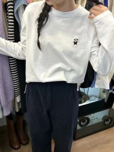 2023 Autumn New round Neck Embroidered Dog Heart Fleece Long Sleeve Pure Cotton T-Shirt Womens Korean Style Commute Fashion