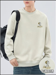 Fleece Lined Mens Sweatshirt round Neck Long Sleeve Embroidered T-Shirt Autumn Winter Casual Comfortable Cotton Polyester Blend