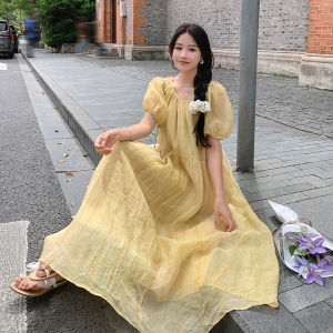 Yellow Summer 2025 New French Style Loose Lazy Long Backless Belted Dress Womens Fashion Loose Waist Bubble Sleeve A-Line Dress
