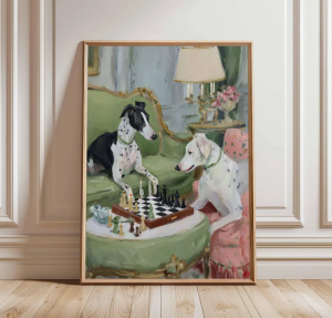 Funny Dog Art Print Whippet and Dalmatian Playing Chess Painting Quirky Animal Wall Decor Vintage Style Interior Art