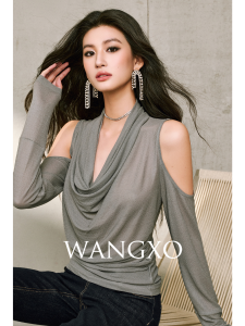 WANGXO | Áo Knit Dài Tay Cổ V Khoe Vai Rút Nơ eo Gọn Chất liệu Acetate Lụa