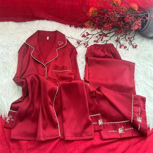 Red Birth Year Couple Pajamas High-End Wedding Ice Silk Long Sleeve Pants Bride Bridegroom Wedding Suit Send New Couple
