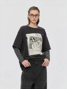 URLAZH | Spring New Retro Style Carbon Gray Sequins Patchwork T-Shirt