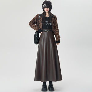 Caramel PU Leather Skirt High Waist Slimming Drapey Long A-Line Umbrella Skirt Womens Fashion Autumn 2025 New Style Commute Korean Version